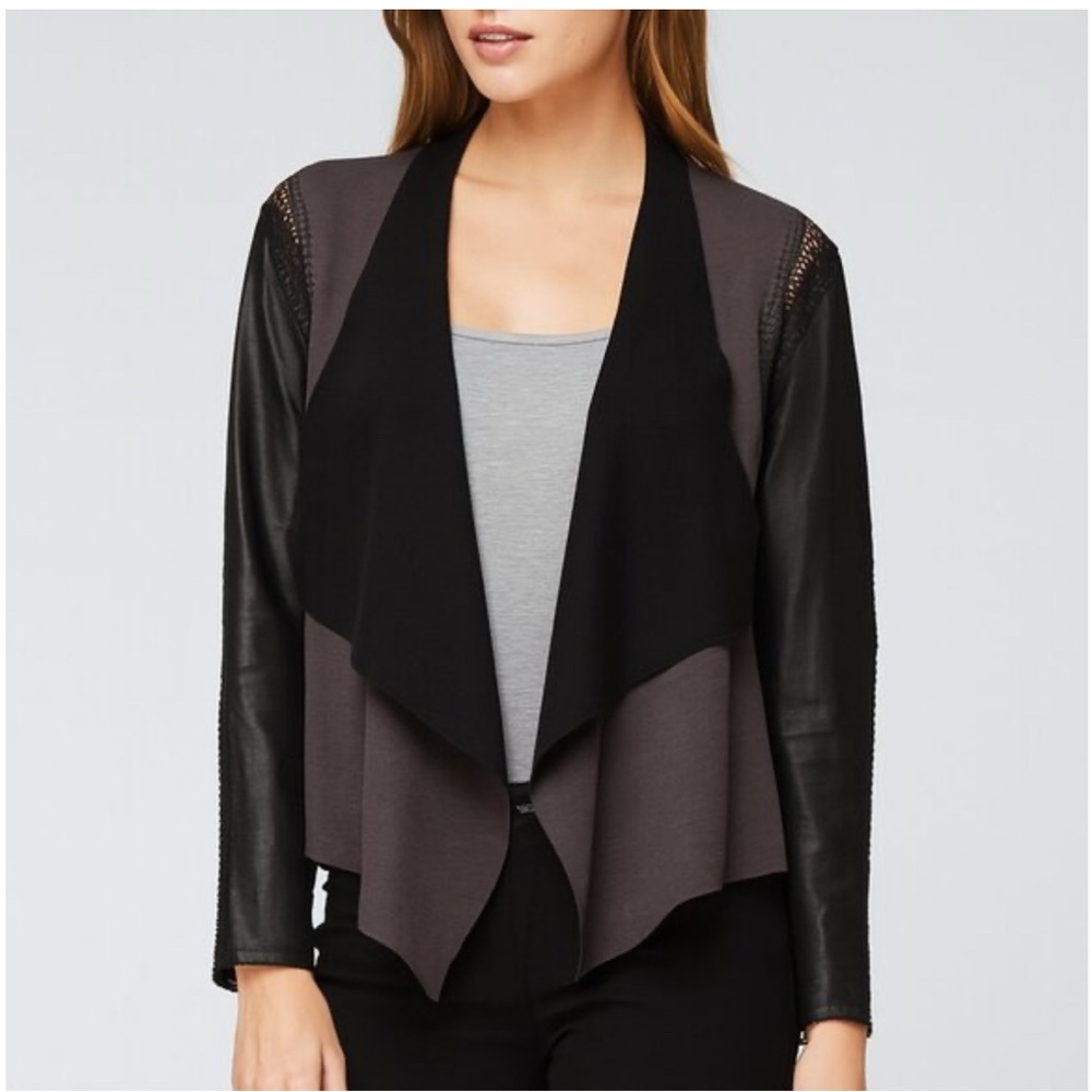 Stella & Jamie Rio Leather Waterfall Draped Open Front Crochet Jacket